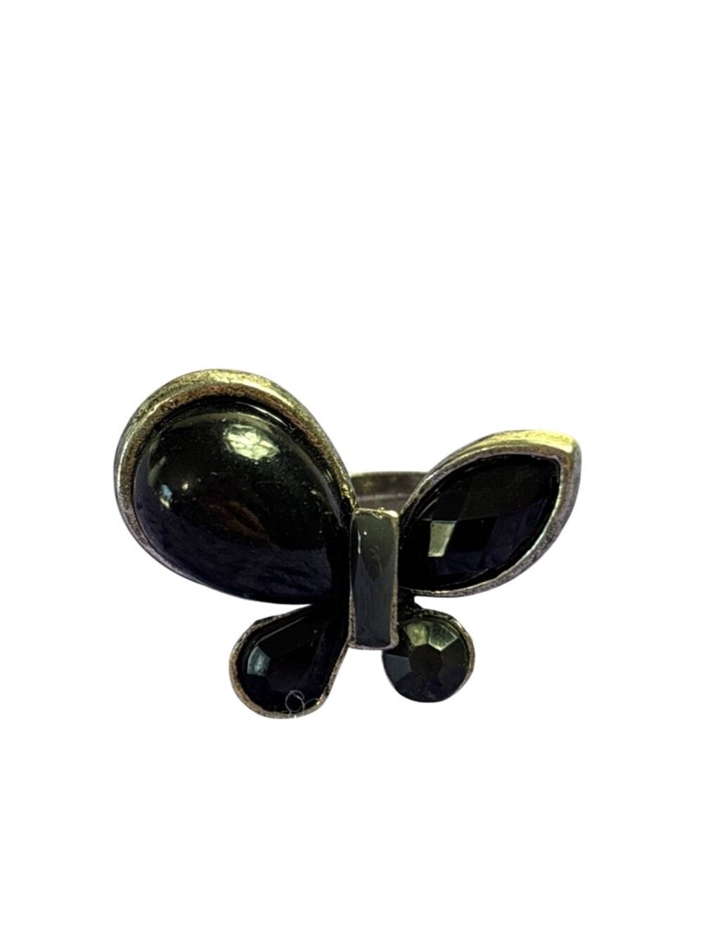 Vintage Adjustable Butterfly Ring Black Cabochons Rhinestones Silvertone